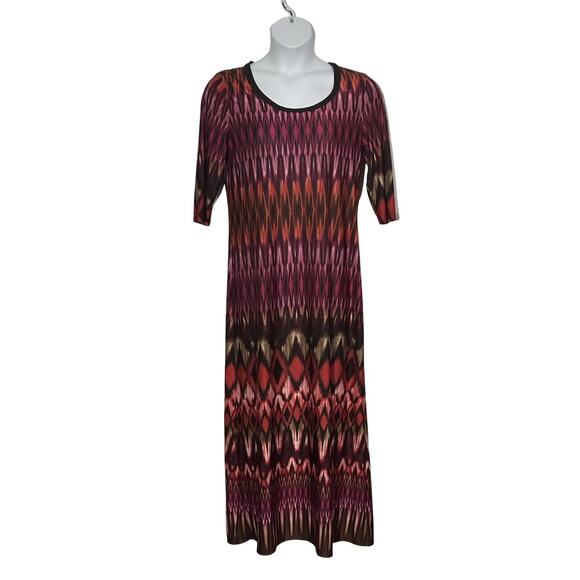 Women's size large pink, black multi colored 3/4" sleeve long polyester dress - Picture 1 of 5
